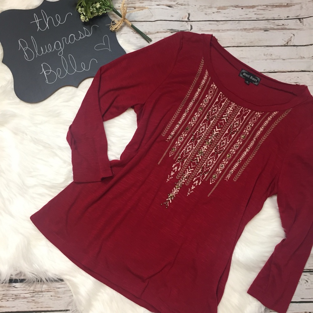 Beaded Red and Gold Top Quarter length sleeves